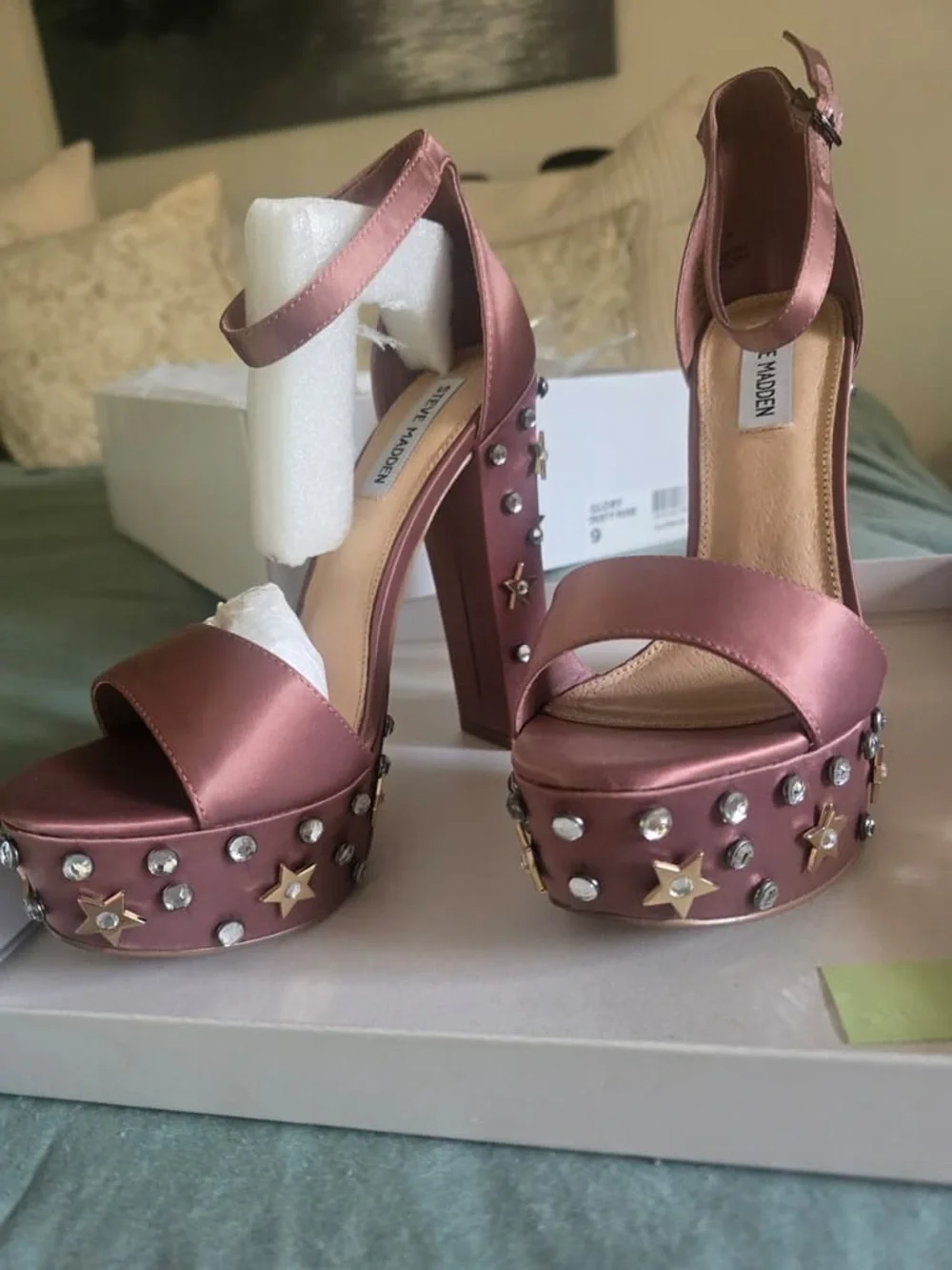 Steve Madden Rose Satin Platform Heels with Star Studs